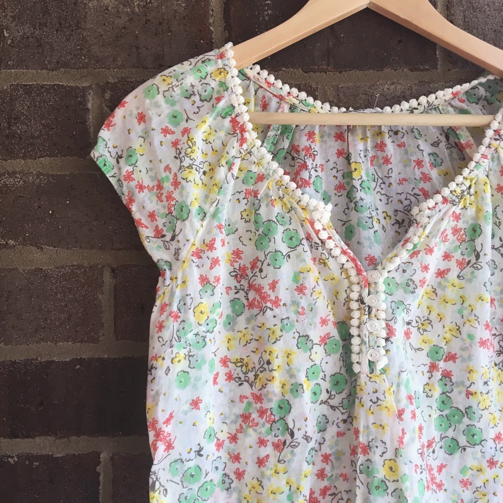 Old Navy White Floral Peasant Top with Yellow, Green & Coral Accents